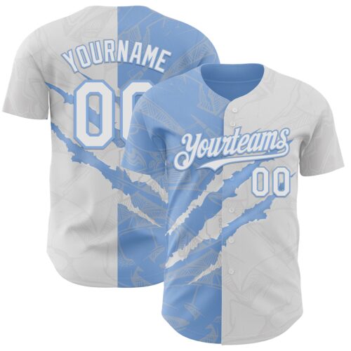 Custom Graffiti Pattern White-Light Blue 3D Scratch Authentic Baseball Jersey