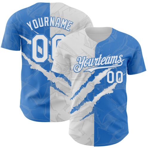 Custom Graffiti Pattern White-Electric Blue 3D Scratch Authentic Baseball Jersey