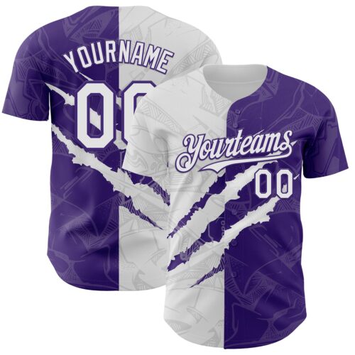 Custom Graffiti Pattern White-Purple 3D Scratch Authentic Baseball Jersey