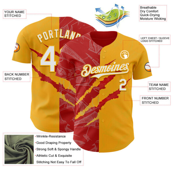 Custom Graffiti Pattern White Gold-Red 3D Scratch Authentic Baseball Jersey