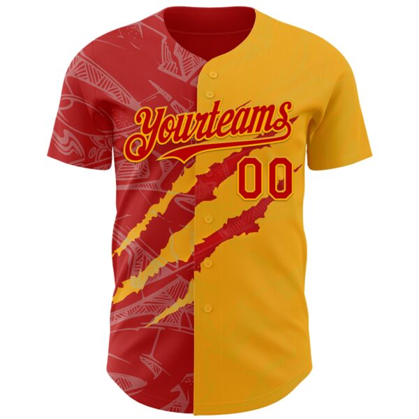 Custom Graffiti Pattern Red-Gold 3D Scratch Authentic Baseball Jersey