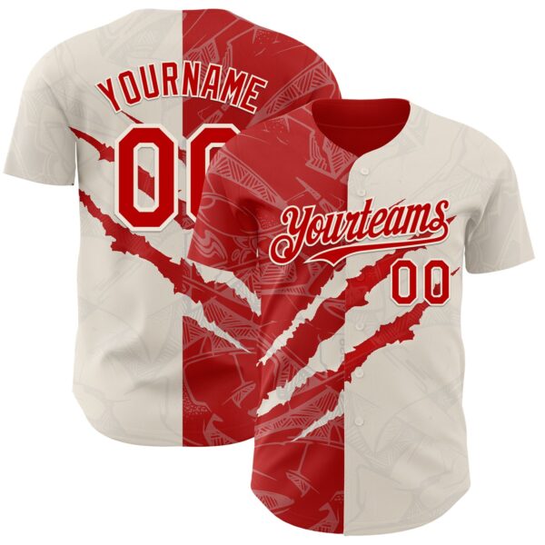 Custom Graffiti Pattern Red-Cream 3D Scratch Authentic Baseball Jersey