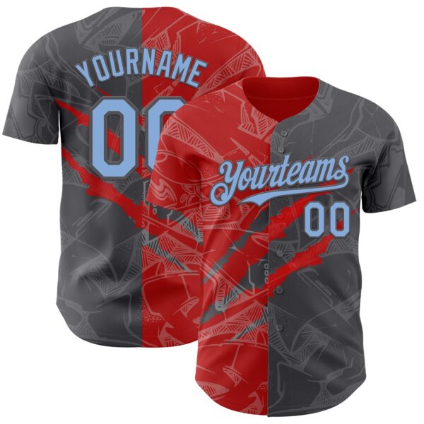 Custom Graffiti Pattern Light Blue Steel Gray-Red 3D Scratch Authentic Baseball Jersey