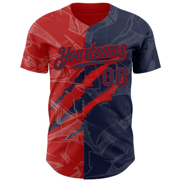 Custom Graffiti Pattern Navy-Red 3D Scratch Authentic Baseball Jersey