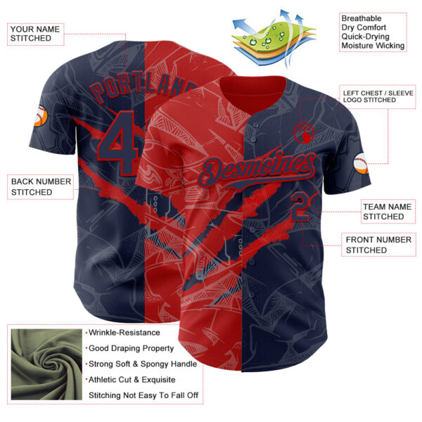 Custom Graffiti Pattern Navy-Red 3D Scratch Authentic Baseball Jersey