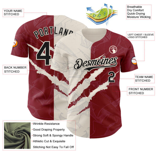 Custom Graffiti Pattern Black Crimson-Cream 3D Scratch Authentic Baseball Jersey