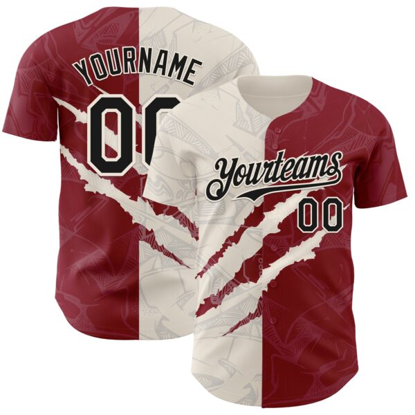 Custom Graffiti Pattern Black Crimson-Cream 3D Scratch Authentic Baseball Jersey