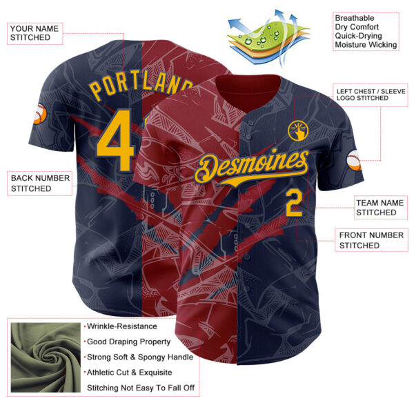 Custom Graffiti Pattern Gold Navy-Crimson 3D Scratch Authentic Baseball Jersey