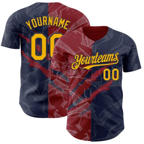 Custom Graffiti Pattern Gold Navy-Crimson 3D Scratch Authentic Baseball Jersey