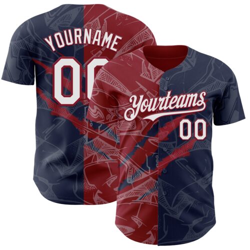 Custom Graffiti Pattern White Navy-Crimson 3D Scratch Authentic Baseball Jersey