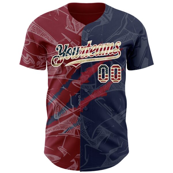 Custom Graffiti Pattern Vintage USA Flag Navy Crimson-Cream 3D Scratch Authentic Baseball Jersey