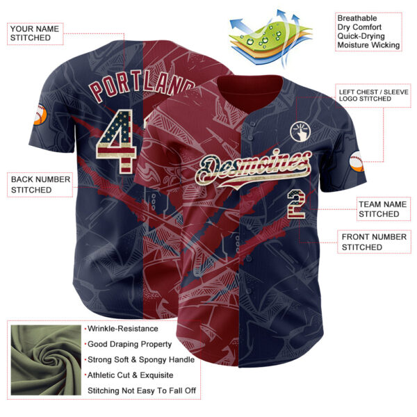 Custom Graffiti Pattern Vintage USA Flag Navy Crimson-Cream 3D Scratch Authentic Baseball Jersey