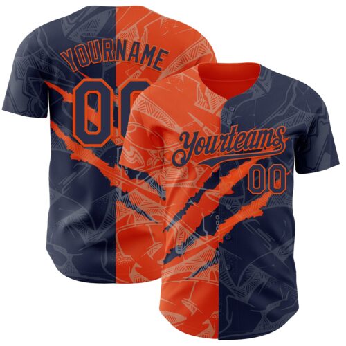 Custom Graffiti Pattern Navy-Orange 3D Scratch Authentic Baseball Jersey