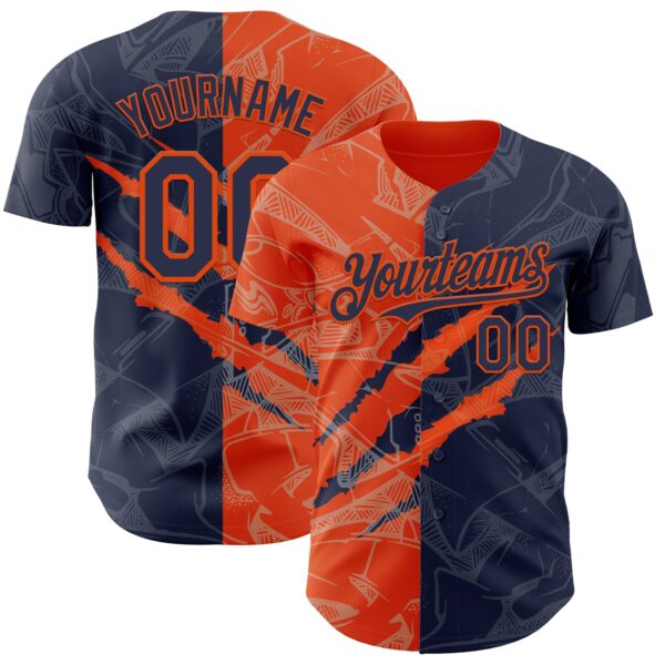 Custom Graffiti Pattern Navy-Orange 3D Scratch Authentic Baseball Jersey