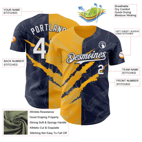 Custom Graffiti Pattern White Navy-Gold 3D Scratch Authentic Baseball Jersey