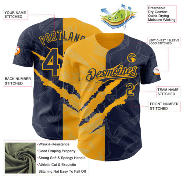 Custom Graffiti Pattern Navy-Gold 3D Scratch Authentic Baseball Jersey