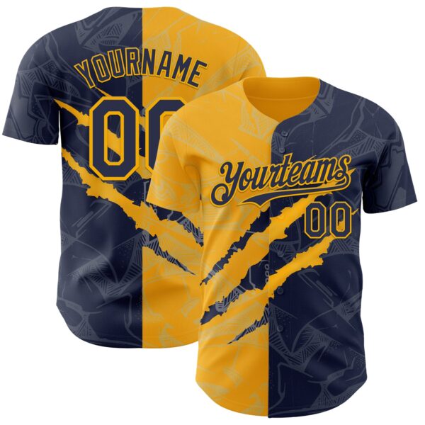 Custom Graffiti Pattern Navy-Gold 3D Scratch Authentic Baseball Jersey