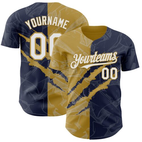 Custom Graffiti Pattern White Navy-Old Gold 3D Scratch Authentic Baseball Jersey