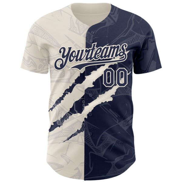 Custom Graffiti Pattern Navy-Cream 3D Scratch Authentic Baseball Jersey