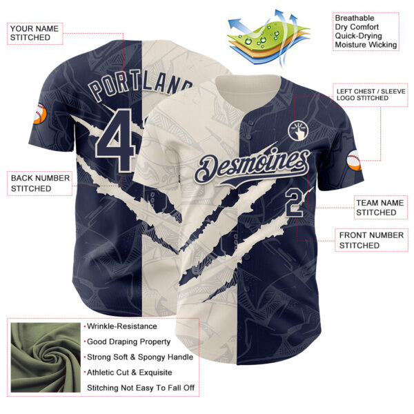 Custom Graffiti Pattern Navy-Cream 3D Scratch Authentic Baseball Jersey