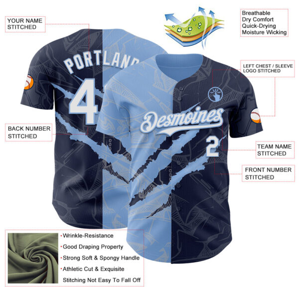 Custom Graffiti Pattern White Navy-Light Blue 3D Scratch Authentic Baseball Jersey