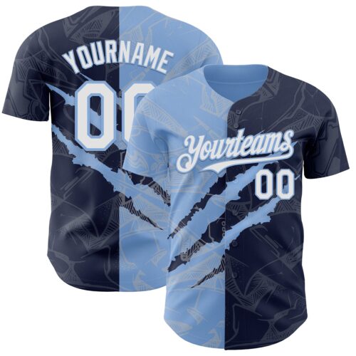 Custom Graffiti Pattern White Navy-Light Blue 3D Scratch Authentic Baseball Jersey