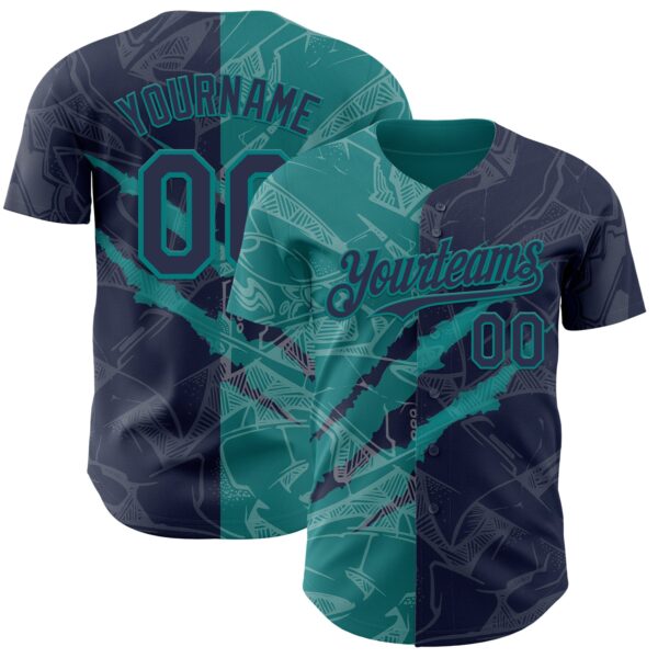 Custom Graffiti Pattern Navy-Teal 3D Scratch Authentic Baseball Jersey