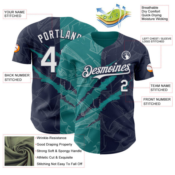 Custom Graffiti Pattern White Navy-Teal 3D Scratch Authentic Baseball Jersey
