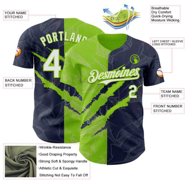 Custom Graffiti Pattern White Navy-Neon Green 3D Scratch Authentic Baseball Jersey