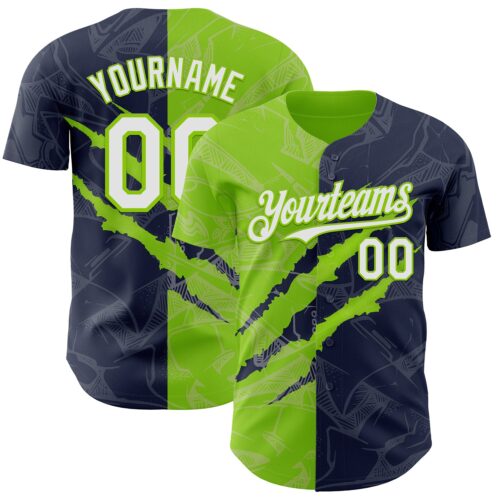 Custom Graffiti Pattern White Navy-Neon Green 3D Scratch Authentic Baseball Jersey