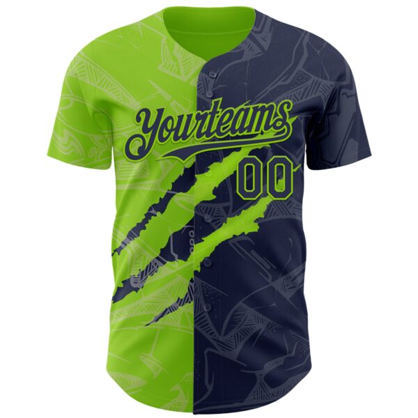 Custom Graffiti Pattern Navy-Neon Green 3D Scratch Authentic Baseball Jersey