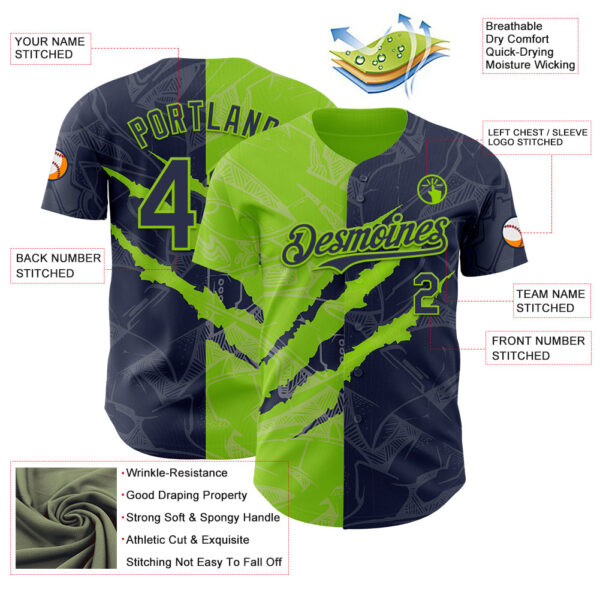 Custom Graffiti Pattern Navy-Neon Green 3D Scratch Authentic Baseball Jersey
