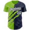 Custom Graffiti Pattern White Navy-Neon Green 3D Scratch Authentic Baseball Jersey