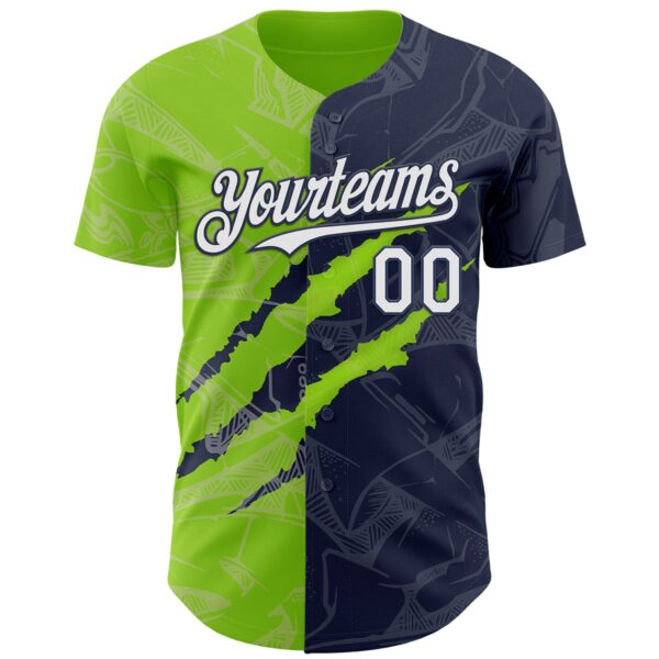 Custom Graffiti Pattern White Navy-Neon Green 3D Scratch Authentic Baseball Jersey