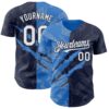 Custom Graffiti Pattern White Navy-Electric Blue 3D Scratch Authentic Baseball Jersey