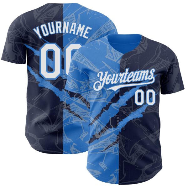 Custom Graffiti Pattern White Navy-Electric Blue 3D Scratch Authentic Baseball Jersey