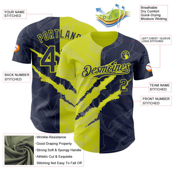 Custom Graffiti Pattern Navy-Neon Yellow 3D Scratch Authentic Baseball Jersey