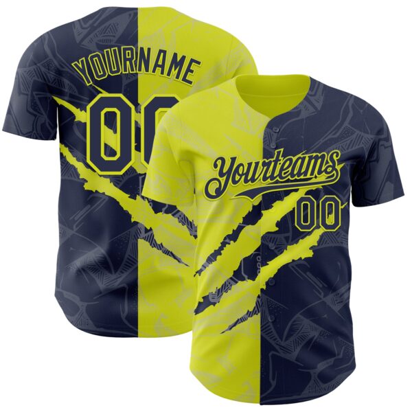 Custom Graffiti Pattern Navy-Neon Yellow 3D Scratch Authentic Baseball Jersey