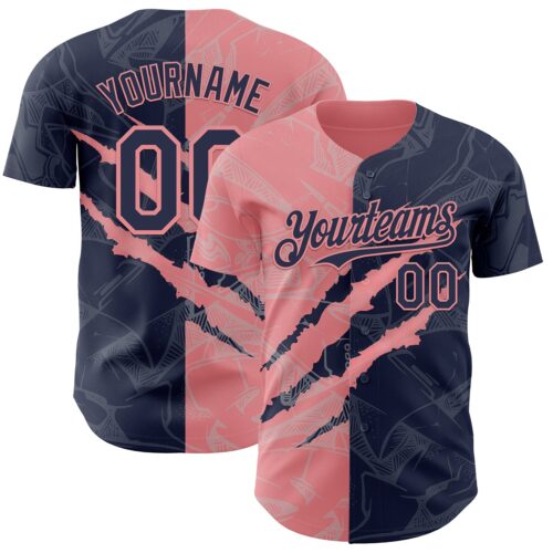 Custom Graffiti Pattern Navy-Medium Pink 3D Scratch Authentic Baseball Jersey