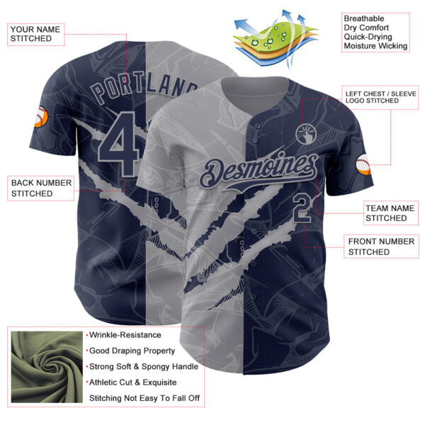 Custom Graffiti Pattern Navy-Gray 3D Scratch Authentic Baseball Jersey