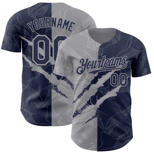 Custom Graffiti Pattern Navy-Gray 3D Scratch Authentic Baseball Jersey