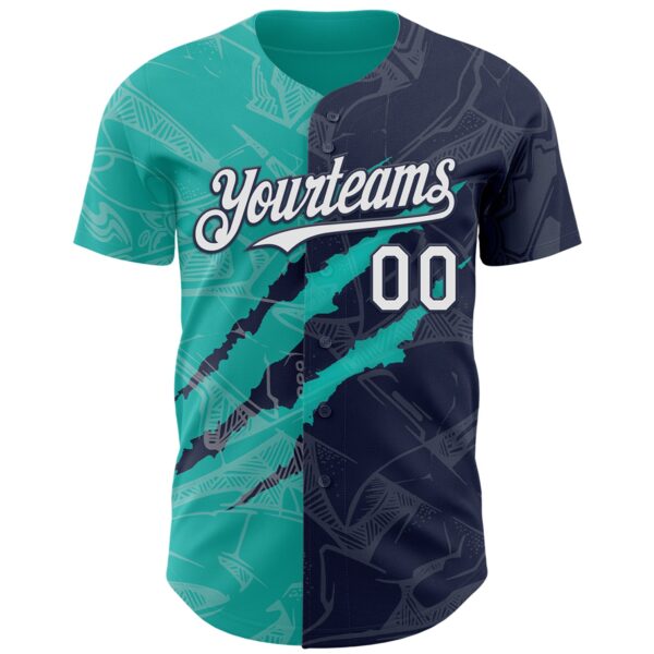 Custom Graffiti Pattern White Navy-Aqua 3D Scratch Authentic Baseball Jersey