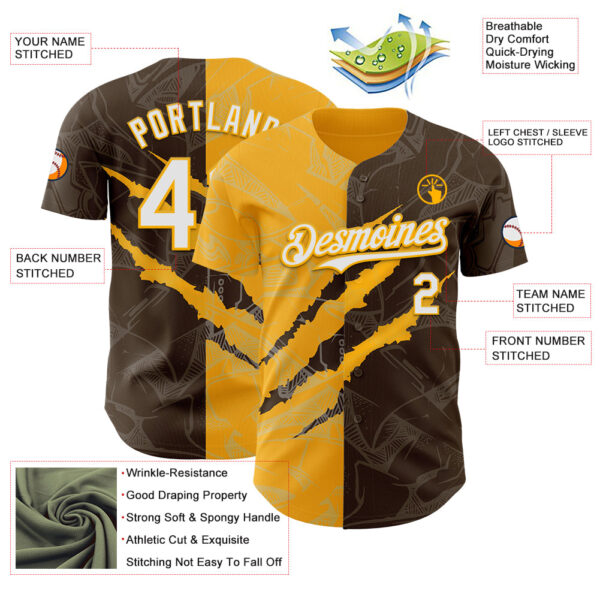 Custom Graffiti Pattern White Brown-Gold 3D Scratch Authentic Baseball Jersey
