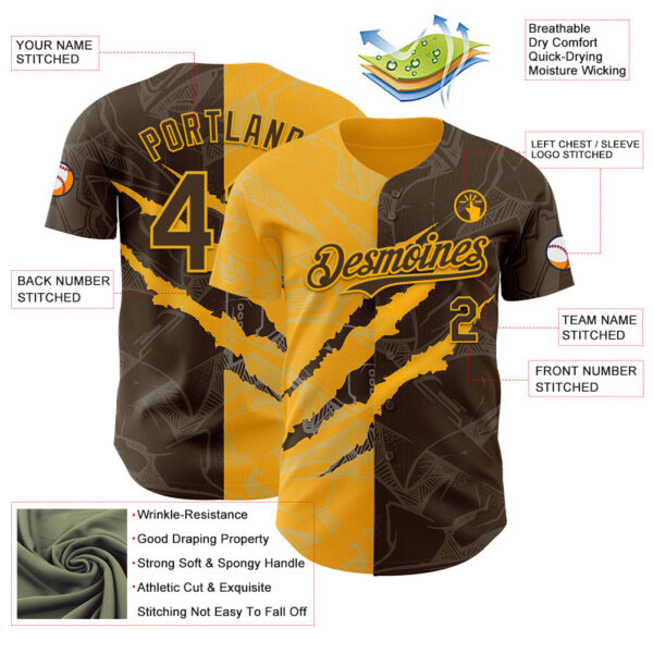 Custom Graffiti Pattern Brown-Gold 3D Scratch Authentic Baseball Jersey