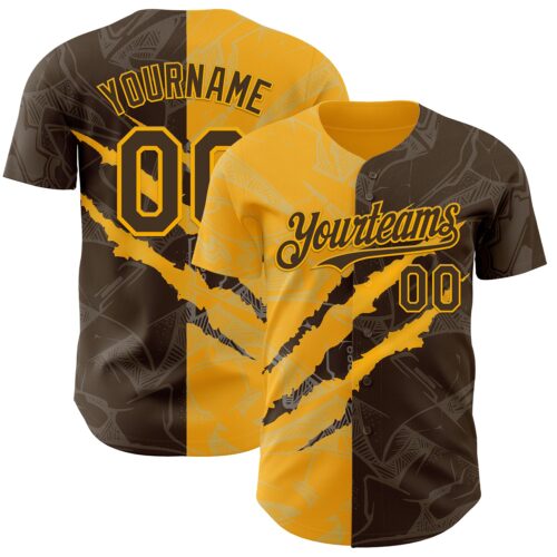 GraffitiP0521 Custom Graffiti Pattern Brown-Gold 3D Scratch Authentic Baseball Jersey
