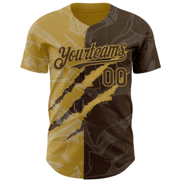 Custom Graffiti Pattern Brown-Old Gold 3D Scratch Authentic Baseball Jersey