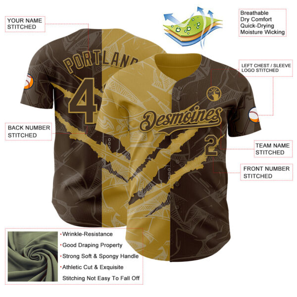 Custom Graffiti Pattern Brown-Old Gold 3D Scratch Authentic Baseball Jersey