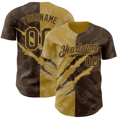 GraffitiP0522 Custom Graffiti Pattern Brown-Old Gold 3D Scratch Authentic Baseball Jersey