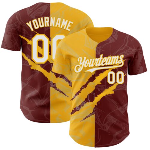 Custom Graffiti Pattern White Burgundy-Gold 3D Scratch Authentic Baseball Jersey
