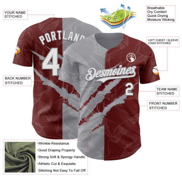 Custom Graffiti Pattern White Burgundy-Gray 3D Scratch Authentic Baseball Jersey